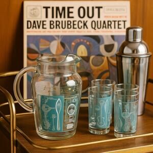 Vintage 1950s MCM Glass Barware Pitcher with Aqua Musical Instruments & Notes